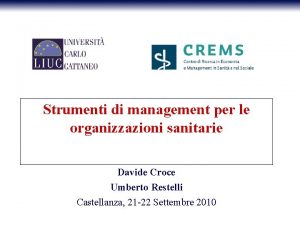 Strumenti di management per le organizzazioni sanitarie Davide