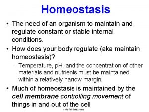 Homeostasis The need of an organism to maintain