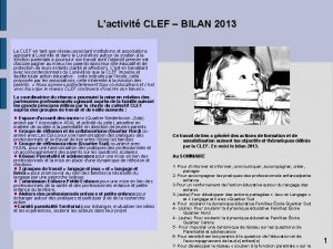 Lactivit CLEF BILAN 2013 La CLEF en tant