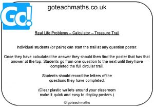 Real Life Problems Calculator Treasure Trail Individual students