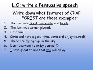 L O write a Persuasive speech Write down