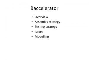 Baccelerator Overview Assembly strategy Testing strategy Issues Modelling