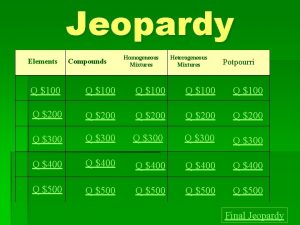 Jeopardy Elements Compounds Homogeneous Mixtures Heterogeneous Mixtures Potpourri