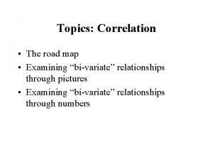 Topics Correlation The road map Examining bivariate relationships