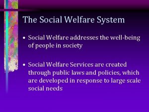 The Social Welfare System Social Welfare addresses the