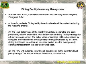 Dining Facility Inventory Management IAW DA Pam 30