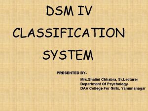 DSM IV CLASSIFICATION SYSTEM PRESENTED BYMrs Shalini Chhabra
