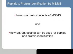 Peptide Protein Identification by MSMS Introduce basic concepts