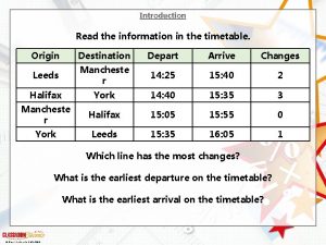 Introduction Read the information in the timetable Origin