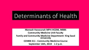 Determinants of Health Marwah Hassounah MPHHCOM MBBS Community