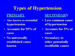 Types of Hypertension PRIMARY Also known as essential