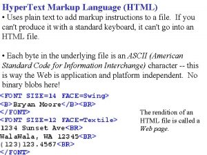 Hyper Text Markup Language HTML Uses plain text