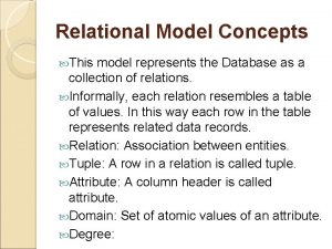 Relational Model Concepts This model represents the Database