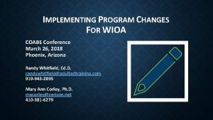 IMPLEMENTING PROGRAM CHANGES FOR WIOA COABE Conference March