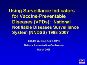 Using Surveillance Indicators for VaccinePreventable Diseases VPDs National