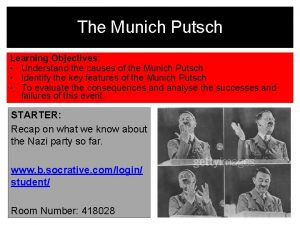 The Munich Putsch Learning Objectives Understand the causes