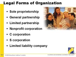 Legal Forms of Organization Sole proprietorship General partnership