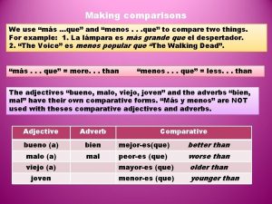 Making comparisons We use ms que and menos