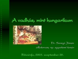 A vadhs mint hungarikum Dr Seregi Jnos llatorvos