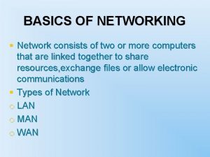 BASICS OF NETWORKING Network consists of two or