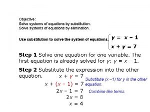 Objective Solve systems of equations by substitution Solve