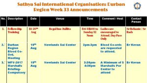 Sathya Sai International Organisation Durban Region Week 33