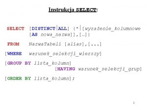 Instrukcja SELECT SELECT DISTINCT ALL wyraeniekolumnowe AS nowanazwa