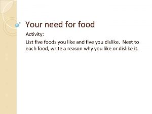 Your need for food Activity List five foods