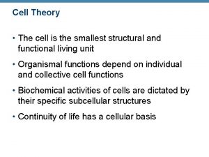 Cell Theory The cell is the smallest structural