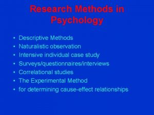 Research Methods in Psychology Descriptive Methods Naturalistic observation