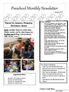 Preschool Monthly Newsletter January 2017 Theme for January