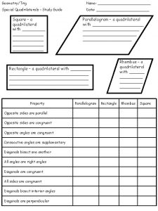 GeometryTrig Name Special Quadrilaterals Study Guide Date Square