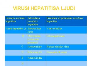 VIRUSI HEPATITISA LJUDI Primarni uzronici Sekundarni hepatitisa uzronici