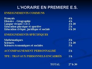 LHORAIRE EN PREMIERE E S ENSEIGNEMENTS COMMUNS Franais