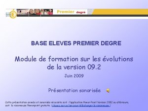 BASE ELEVES PREMIER DEGRE Module de formation sur