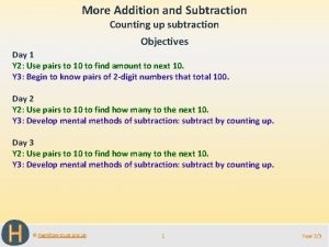 More Addition and Subtraction Counting up subtraction Objectives