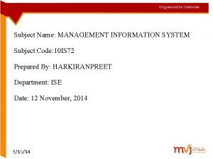 Subject Name MANAGEMENT INFORMATION SYSTEM Subject Code 10