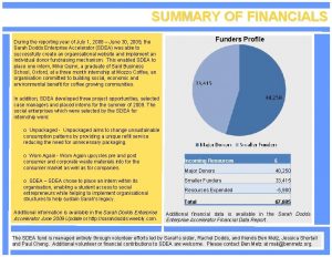 SUMMARY OF FINANCIALS Funders Profile During the reporting