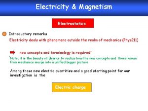 Electricity Magnetism Electrostatics Introductory remarks Electricity deals with