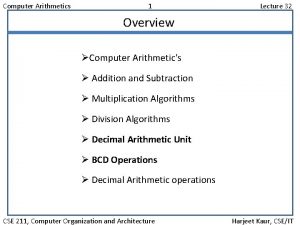 Computer Arithmetics 1 Lecture 32 Overview Computer Arithmetics