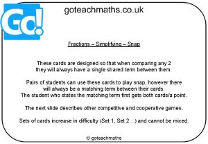 Fractions Simplifying Snap These cards are designed so