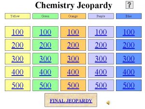 Chemistry Jeopardy Yellow Green Orange Purple Blue 100