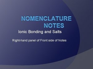 NOMENCLATURE NOTES Ionic Bonding and Salts Righthand panel