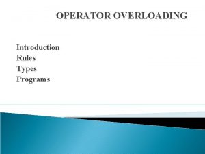 OPERATOR OVERLOADING Introduction Rules Types Programs Introduction Allows