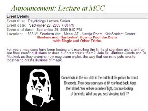 Announcement Lecture at MCC Fact or Falsehood The