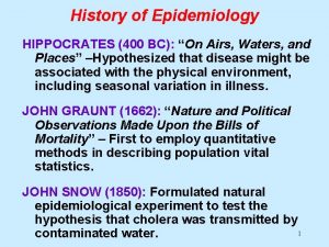 History of Epidemiology HIPPOCRATES 400 BC On Airs