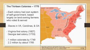 The Thirteen Colonies 1775 Each colony had own
