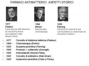 FARMACI ANTIBATTERICI ASPETTI STORICI 1877 Pasteur 1904 Ehlrich