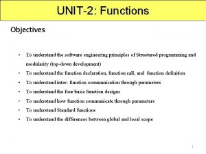 UNIT2 Functions Objectives To understand the software engineering
