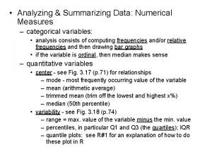 Analyzing Summarizing Data Numerical Measures categorical variables analysis